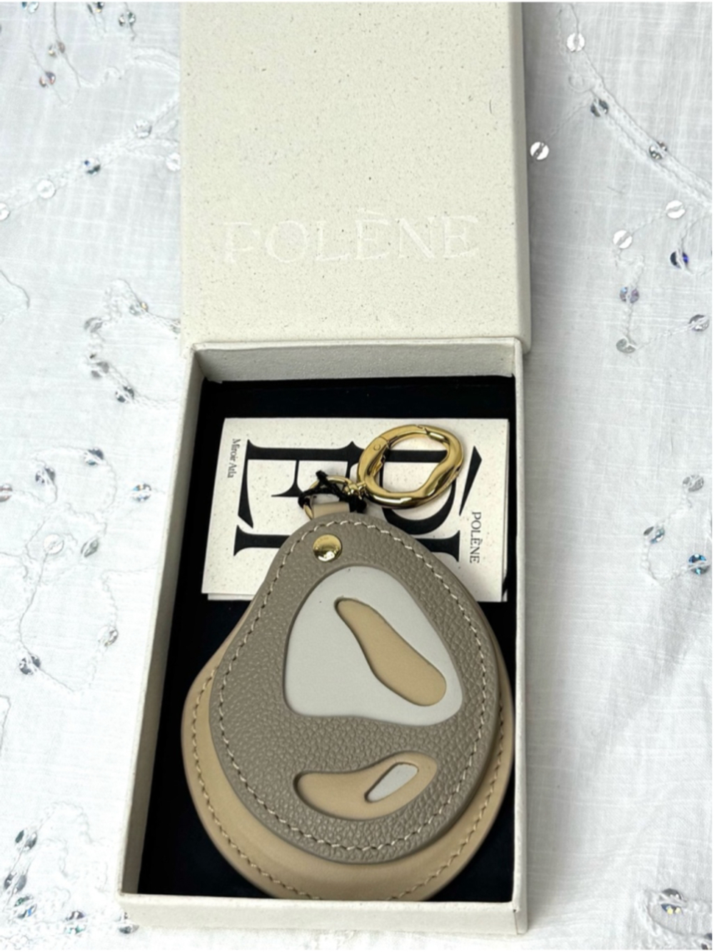 Polène Mirror Atla Trio Taupe Leather Bag Charm Compact Mirror NIB - Picture 4 of 5